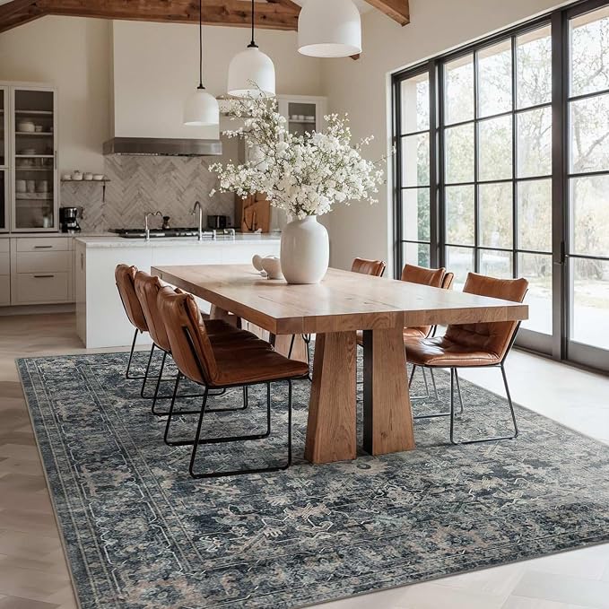 Rugxara Blue 6x9 Area Rugs Washable Rug for Living Room Dining Room Bedroom | Non Slip, Rug for Office Farmhouse Kids Room, Stain Resistant, Soft, Low Pile, Vintage Boho Floral Retro Carpet, Home Decor