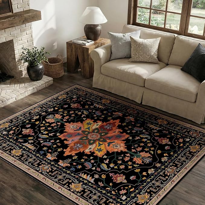 RELEANY Area Rugs 4'x5' Washable Non-Slip, Floral Vintage Distress Medallion Carpet for Living Room Bedroom Dining Room, Black Colorful Floral Dark Tan