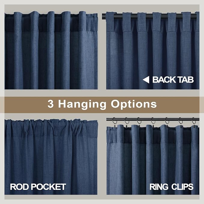 Navy Blue Curtains 63 Inch Length for Boys Room 2 Panel Back Tab Pocket Linen Semi Sheer Woven Textured Indigo Dark Blue Curtain for Kids Bedroom Nursery Game Playroom Nautical Farmhouse 52x63 Long