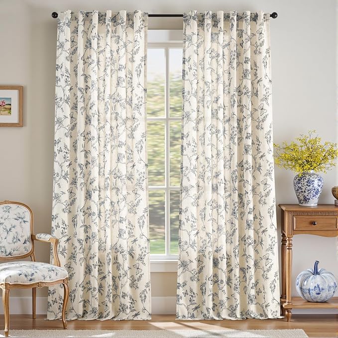 Lazzzy Charlotte Blue Floral Linen Farmhouse Curtains 96 Inches Long Back Tab Drapes for Living Room Bedroom Light Filtering Country Vintage Rod Pocket Curtains,2 Panels, Blue on Beige