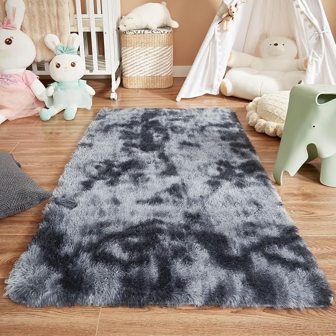 Floralux Upgrade 4x6 Rugs for Bedroom, Tie-Dyed Dark Grey, Fluffy Shaggy Soft Area Rug for Living Room, Non-Slip Indoor Floor Carpet for Nursery, Kids Baby Boys Teen Dorm Home Decor Aesthetic
