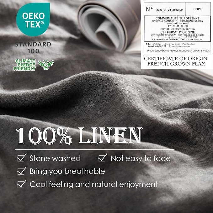 Simple&Opulence 100% Linen Duvet Cover Set 3pcs Basic Style Natural French Washed Flax Solid Color Soft Breathable Farmhouse Bedding with Button Closure - Dark Grey, Queen