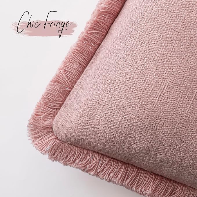 Foindtower Set of 2 Decorative Linen Fringe Throw Pillow Covers Cozy Boho Farmhouse Cushion Cover with Tassels Soft Accent Pillowcase for Couch Sofa Bed Living Room Home Decor,26×26 Inch,Rose Pink