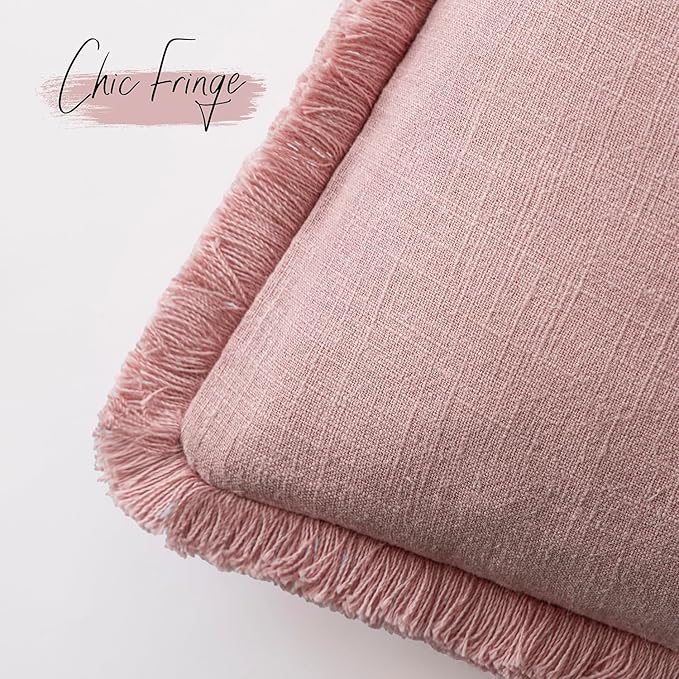 Foindtower Set of 2 Decorative Linen Fringe Throw Pillow Covers Cozy Boho Farmhouse Cushion Cover with Tassels Soft Accent Pillowcase for Couch Sofa Bed Living Room Home Decor,22×22 Inch,Rose Pink