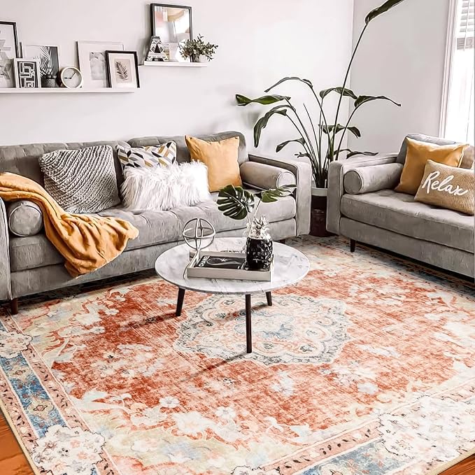 MUJOO 8x10 Area Rugs Washable Boho Rug Non Slip Low-Pile Floral Large | Machine Washable Throw Carpet for Living Room Bedroom Dining Room Boho Soft Floor Indoor Abstract Flowers Orange Navy Blue