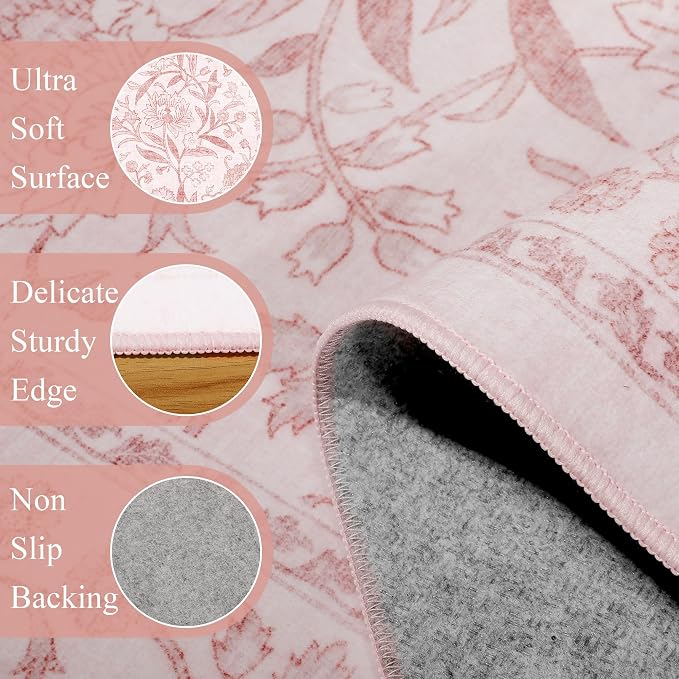 DUKINO 2x4 Rug, Washable Vintage Floral Entryway Rug Non Slip, Light Pink | Low Pile, Non-Shedding, Stain Resistant Boho Lightweight Soft Indoor Carpet for Kitchen Bathroom Hallway Laundry Farmhouse