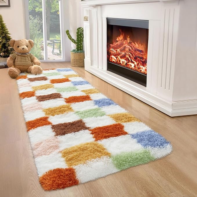 Garvee Checkered Runner Rug 2x6 Plush Fuzzy Rugs for Bedroom Hallway, Colorful Modern Shag Rug Super Soft Runner Carpet Washable Plush Fuzzy Rugs for Living Room Bedside Sofa Home Dorm Decor Aesthetic