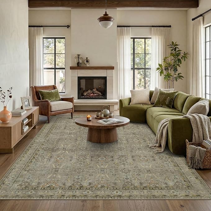Rugxara 6x9 Area Rugs Washable Rug for Living Room Dining Room, Olive/Green | Non Slip, Rug for Bedroom Office Farmhouse, Stain Resistant, Soft, Low Pile, Vintage Boho Floral Retro Carpet, Home Decor
