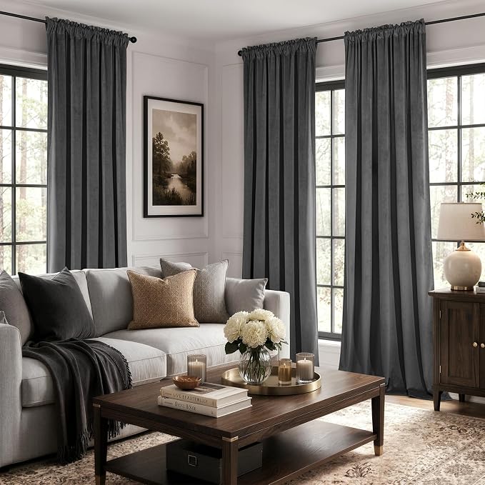 MIULEE Grey Blackout Velvet Curtains Drapes 90 Inch Long 52"x90" Bedroom | Luxurious Bedroom Living Room Decor, Room Darkening, Thermal Insulated, Rod Pocket Design, Super Soft Fabric