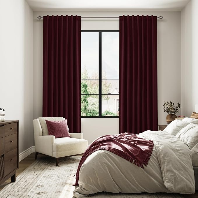 Guken 100% Blackout Curtains 96 Inch Length 2 Panels Set for Living Room Bedroom Back Tab Thermal Insulated Black Out Linen Drapes Room Darkening Window Curtains 96 Inches Long,Burgundy