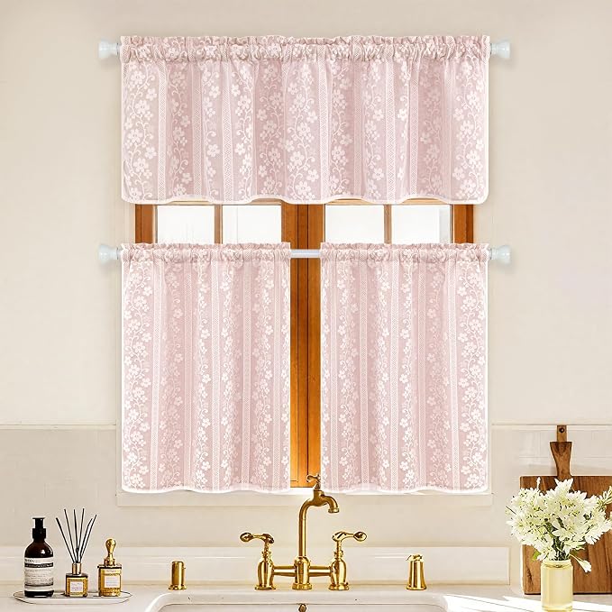 ASPMIZ Linen Pink Kitchen Tier Curtains 24 Inch Length, Double Layered Kitchen Curtains with Linen and Lace, Rod Pocket Short Window Curtain, Farmhouse Window Treatments for Bathroom, Cafe, 2 Panel