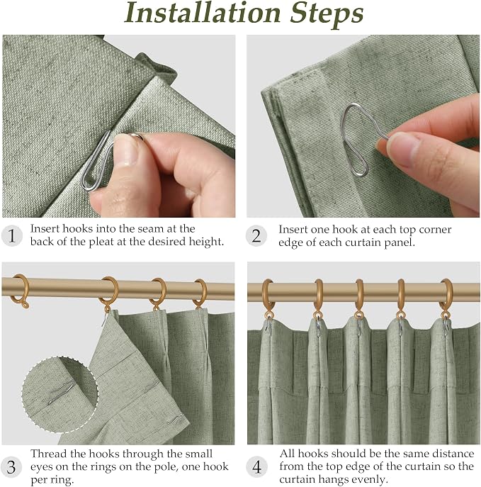 Sage Green Pinch Pleated Linen Curtains 84 Inch Length 2 Panels for Living Room Bedroom Light Filtering Green Semi Sheer Window Curtain Boho Back Tab Pinch Pleat Drape with Hooks 84 Inches Long