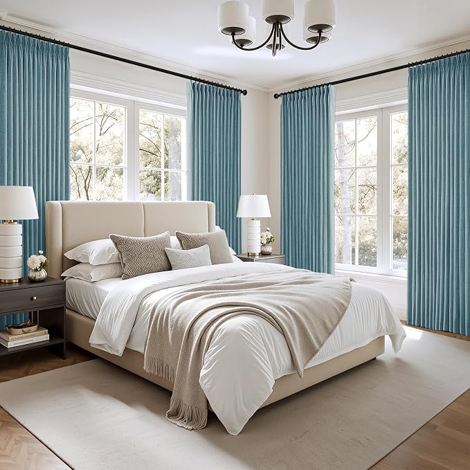 MIULEE Pinch Pleated Thick Linen Curtains 96 Inch 4 Panels Set Back Tab Memory Trained Pinch Pleat Semi Sheer Light Filtering Privacy Let Light in Window Drapes for Living Room Bedroom Dusty Blue