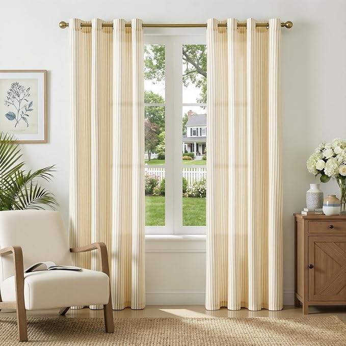 Vangao Linen Striped Curtains for Living Room Bedroom Farmhouse Tickingstripe Light Filtering Window Curtains Printed Drapes Grommet Top 2 Panels Mustard Yellow on Off White W50 x L84 Inch