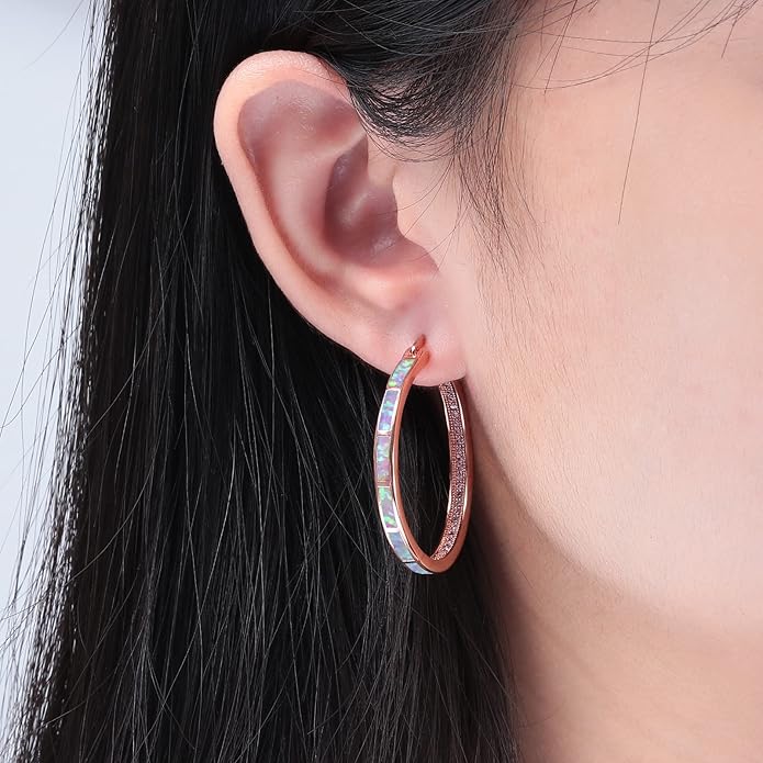 CiNily Opal Hoop Earrings,Women Jewelry Rhodium Plated/Rose Gold or Yellow Gold Plated Gemstone Big Hoop Earrings 32mm