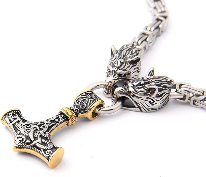 Wolf Head Pendant Necklace Nordic Viking Wolf Fenrir Necklace for Men Women, Adjustable Length Cotton Cord, Rune Beard Bead Gift