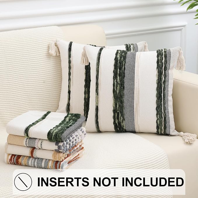 Simmore Fall Boho Decorative Green Throw Pillow Covers 18X18 Set of 2 | Tufted Accent Modern Farmhouse Neutral Pillow Covers with Tassels for Cozy Bohemian Couch Sofa Bedroom Home Decor