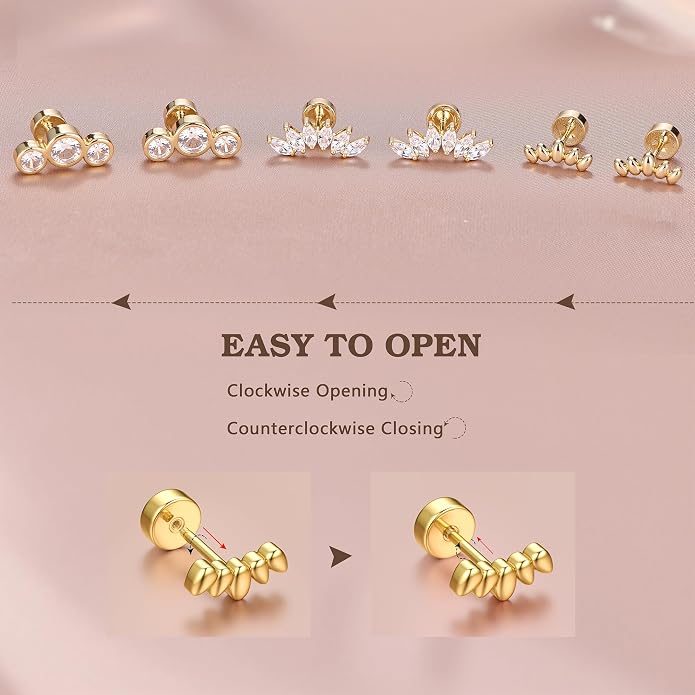 14K Gold Plated Solid 925 Sterling Silver Post Flat Back Earrings Stud | Cartilage Helix Conch Tragus Piercing Jewelry 3 Pairs Tiny Screw Dainty CZ Opal Earring Set Men Women
