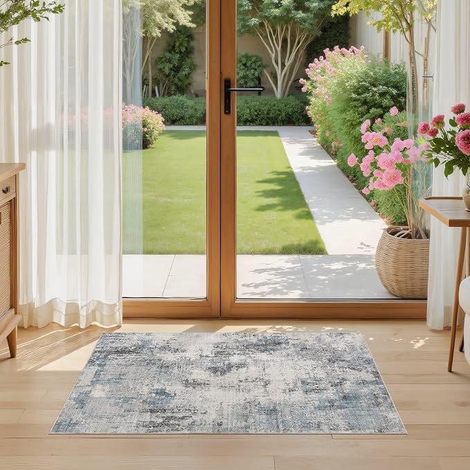 Abstract 2x3 Area Rug: Machine Washable Non Slip Ultra Thin Low-Pile Carpet, Soft Stain Resistant for Entryway Kitchen Bathroom, Kid Pet Friendly, Robot Vacuum Compatible - Grey Blue