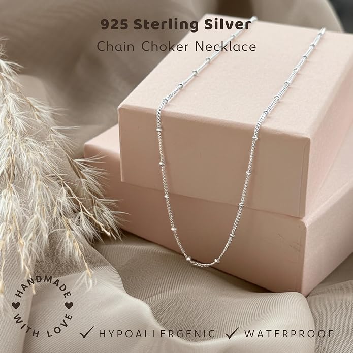 Annika Bella Chain Choker Necklace for Women, 925 Sterling Silver Chokers, Length 13-16 Inches, Short Necklaces for Teens, Waterproof Jewelry Gift for Her