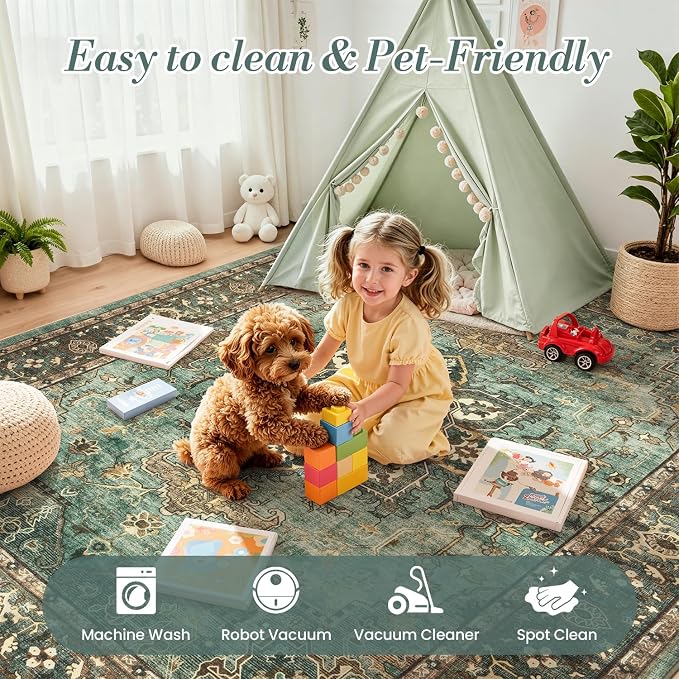 5x7 Green Brown Area Rugs for Living Room - Vintage Boho Medallion Aesthetic Distressed Washable Rug, Soft Non-Slip Backing Low Pile Carpet for Office, Lounge, Bedroom Foot of Bed