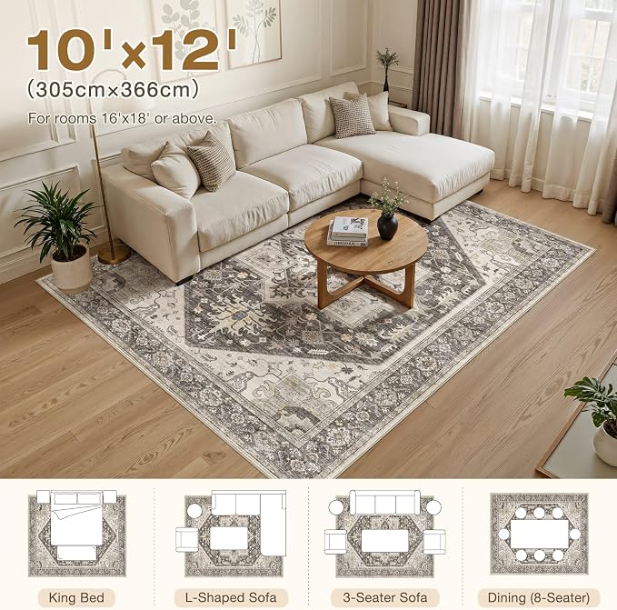 10x12 Area Rugs for Living Room - Large Carpet Ultra Thin Soft Washable Oriental Vintage Floral Distressed Big Indoor Carpets for Bedroom Nursery Dorm Home Decor Aesthetic - Dark Brown