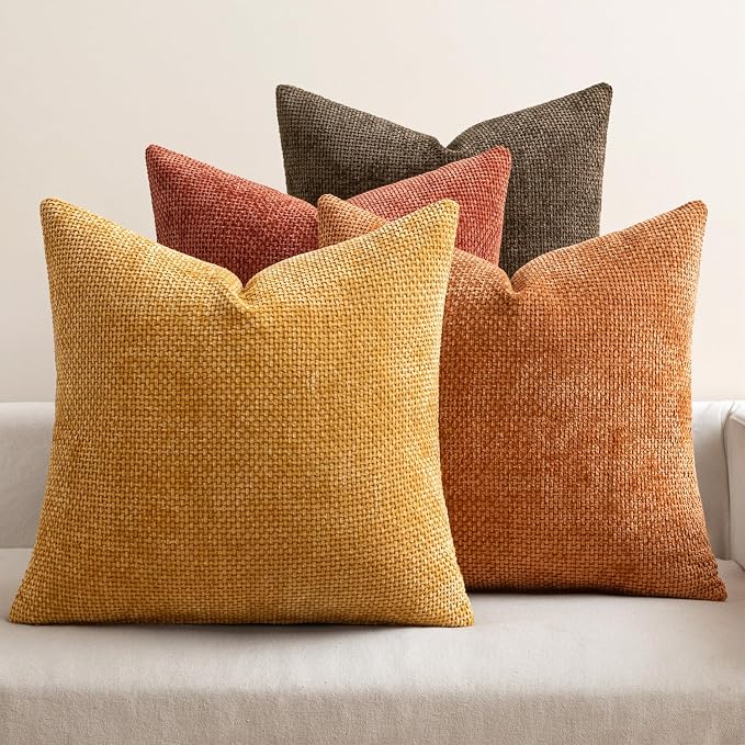 MIULEE Pack of 4 Orange/Yellow Couch Throw Pillow Covers 20x20 Inch Halloween Soft Decorative Chenille Pillows Farmhouse Accent Cushions for Boho Fall Home Decor Sofa Bedroom Living Room
