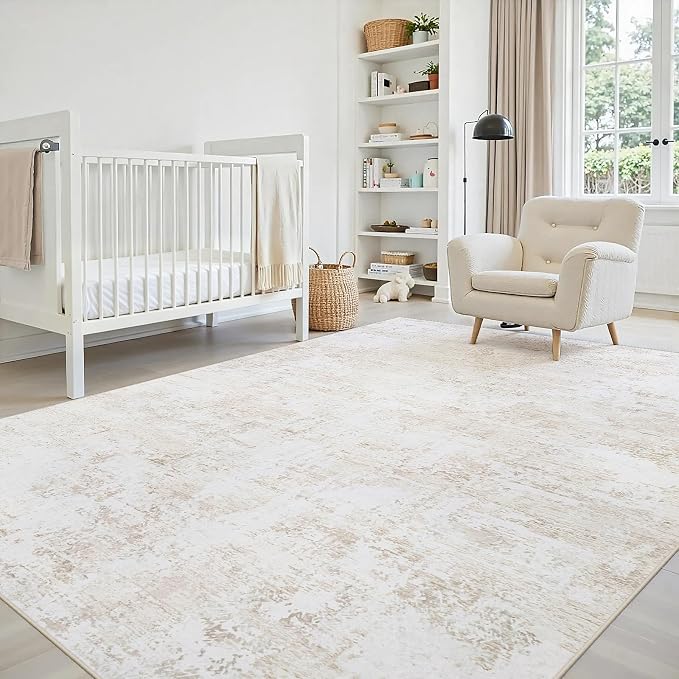6x9 Area Rugs Living Room Rug Modern Abstract Neutral Washable Rugs Non Slip Soft Carpet Large Area Rug Low Pile Stain Resistant Non Shedding for Bedroom Nursery Dining Room Home Office Beige White