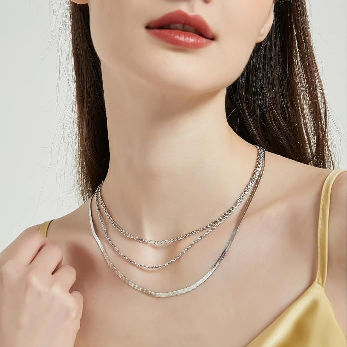 WomenGifts 14K Gold Silver Plated Herringbone Necklace for Women, Dainty Snake Chain Choker, Trendy Simple Long Layered Jewelry Non Tarnish, 3/4/5/8mm,14,16,18,20,22,24,26 Inch Thin & Chunky Options