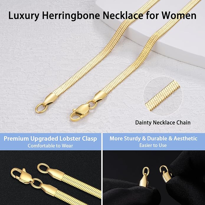 Jewlpire Silver/18K Gold Plated Herringbone Necklace for Women, 3mm 4mm 5mm Necklace for Women, Flat Snake Chain Necklaces, Fashion Women's Chain Necklaces 16 18 20 22 24 Inch