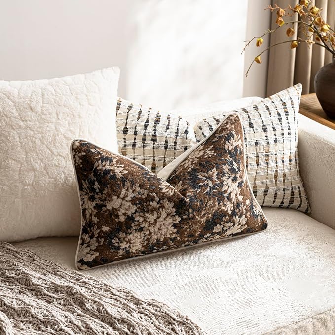 DEZENE Pack of 2 Vintage Floral Pillow Covers 12x20 Boho Farmhouse Accents Chenille Rectangular Lumbar Decorative Throw Pillow Cases for Living Room Couch Bed Home Decor, Dark Brown