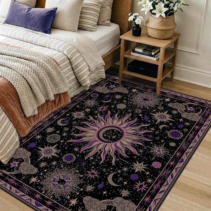 Vacuum-Friendly, 3x5 Washable Area Rug, Black Purple Beige | Sun and Moon Boho Gothic Non-Slip Low Pile Living Roon Bedroom Dining Room Kitchen Entry Entryway Entrance Hallway Doormat