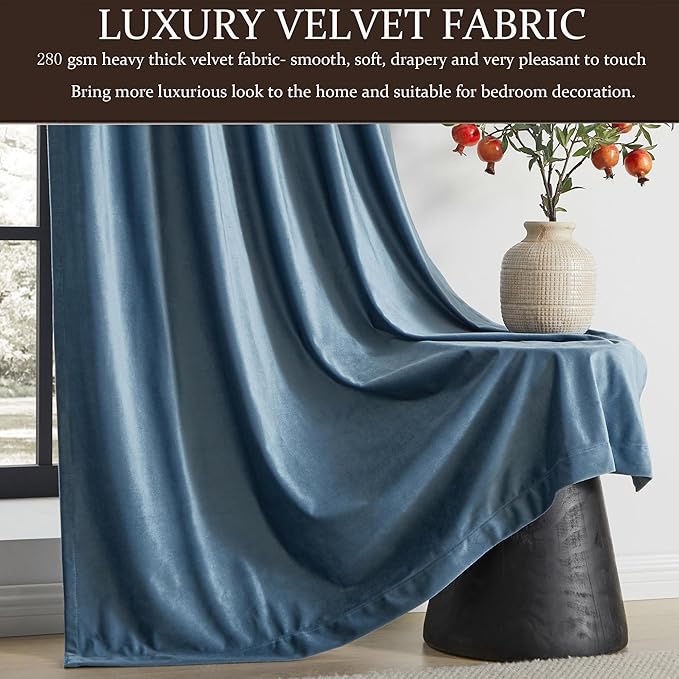 PRIMROSE 100% Full Blackout Velvet Curtains 108 inch Long for Living Room,Set of 2 Stone Grayish Blue Liner Rod Pocket Back Tab Thermal Window Curtains Room Darkening Curtains Drapes for Bedroom