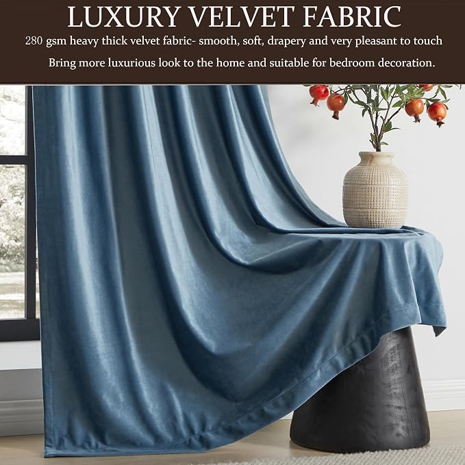 PRIMROSE Full Blackout Velvet Curtains 102 inch Long for Living Room,2 Panles Stone Grayish Blue Liner Rod Pocket Back Tab Thermal Window Curtains Room Darkening Curtain Drapes for Bedroom