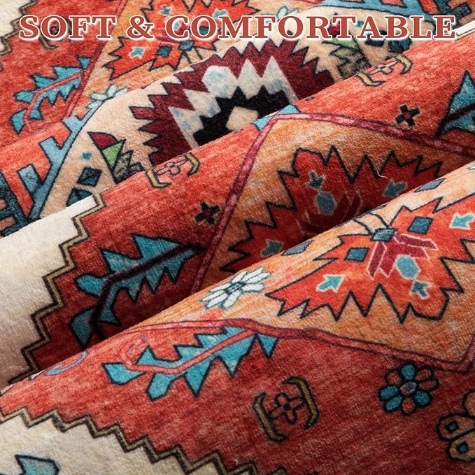SERISSA 10x12 Area Rugs for Living Room, Large Washable Non-Slip Boho Rug, Ultra Soft Vintage Oriental Orange Print Distressed Carpet for Dining Room Bedroom Office Home Decor