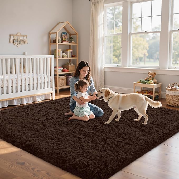 5x8 Area Rug for Living Room:Ultra Soft Fluffy Shag Brown Rugs,Large Fuzzy Plush Indoor Non Slip Carpet Washable Rug for Bedroom Kids Nursery Office Dorm Modern Decor(Brown 5'x8')