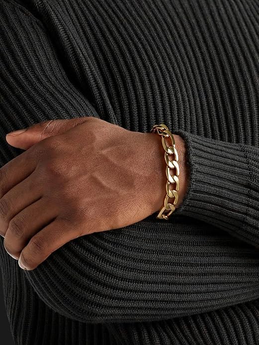 ChainsPro Men Sturdy Figaro/Cuban Chain Bracelet, 6/9/13mm Width, 7.48/8.26inch Length, 316L Stainless Steel/18K Gold Tone/Black- Send Gift Box