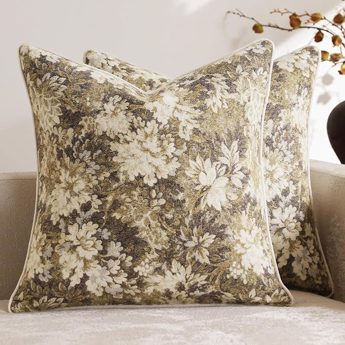 DEZENE Pack of 2 Vintage Floral Euro Sham Covers 24x24 Boho Farmhouse Accents Chenille Square Decorative Throw Pillow Cases for Living Room Couch Bed Home Decor, Beige