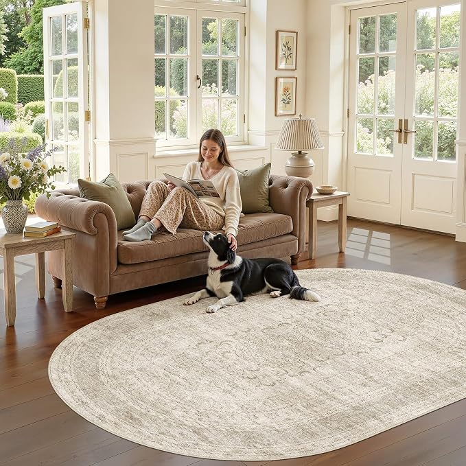 Nakagishi Oval Rugs for Bedroom: Machine Washable Area Rug 6x9, Non-Slip Carpet for Living Room, Playroom, Nursery, Ding Room, Boho Rug Low Pile Non-Slip & Stain Resistant