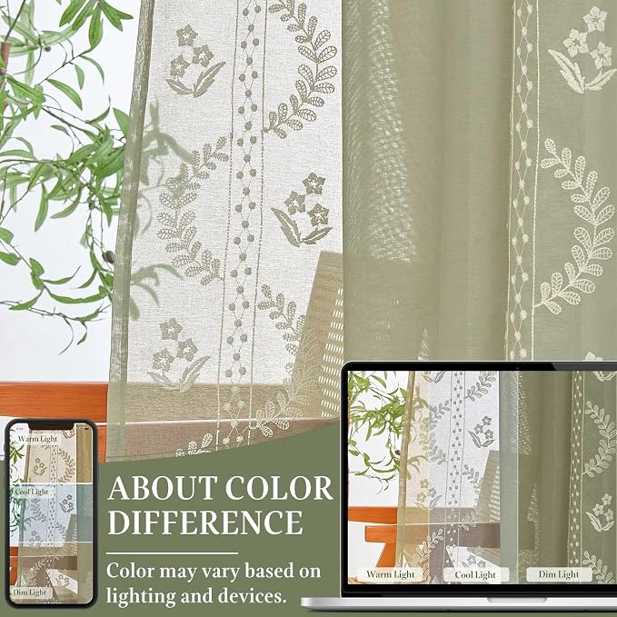 jinchan Belrose Sage Green Floral Sheer Curtains for Bedroom 63 Inch Long Voile Embroidered Farmhouse Curtains for Living Room Ivory Flower Patterned Rod Pocket Window Treatments, 2 Panels Green