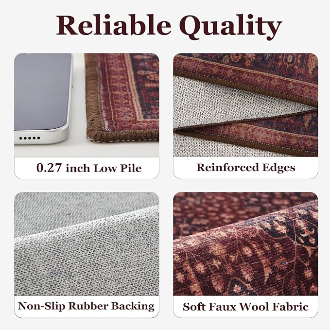 Amber Red Purple Accents Area Rugs for Living Room 6x9, Vintage Dining Room Rugs for Under Table, Washable Non Slip Low Plie Carpet Rug for Bedroom Home Office, Earth Tone Boho Floral Trellis