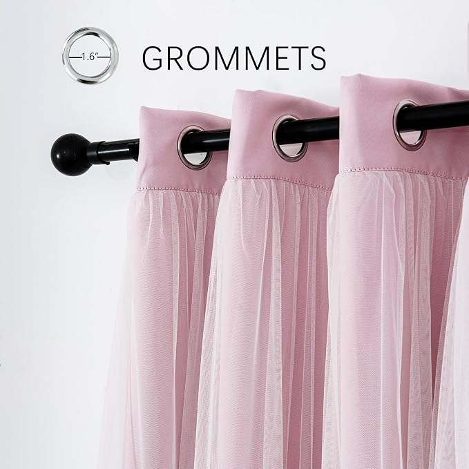INLINAS Pale Pink Blackout Curtains with Sheer Overlay - Grommet Top Thermal and Noise Reduction Panels for Bedroom and Living Room Light Blocking and Energy Saving, 52 x 96 Inches, Set of 2