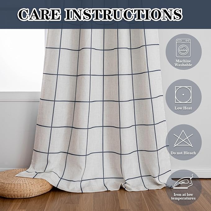 MYSKY HOME 100% Blackout Plaid Linen Curtains 108 Inches Long Double Layer Farmhouse Thermal Insulated Checkered Patterned Drapes Rod Pocket Back Tab for Living Room, 2 Pcs, 52" Wide, Navy Blue