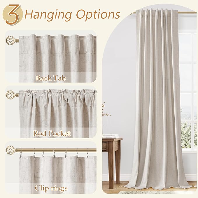 Guken 100% Blackout Linen Curtains for Bedroom 84 inches Long, Thermal Insulated Room Darkening Black Out Drapes for Living Room, Back Tab Rod Pocket 2 Panels Set,Farmhouse,52x84