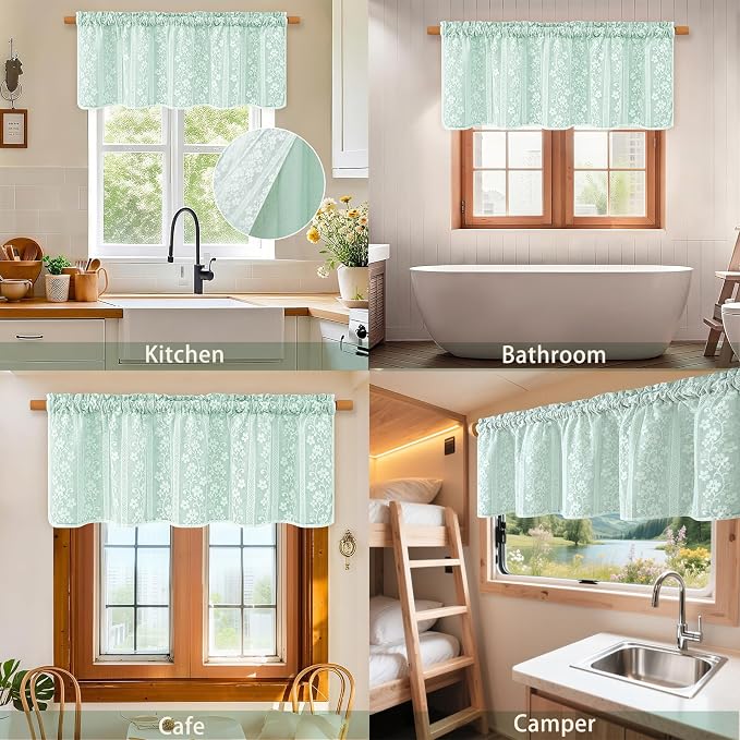 ASPMIZ Linen Farmhouse Kitchen Curtains, Double Layer Valances for Windows with Linen and Lace, Rustic Curtains for Bathroom Window, Cafe Curtain 18 Inch Length Rod Pocket, 52 x 18, Mint Green