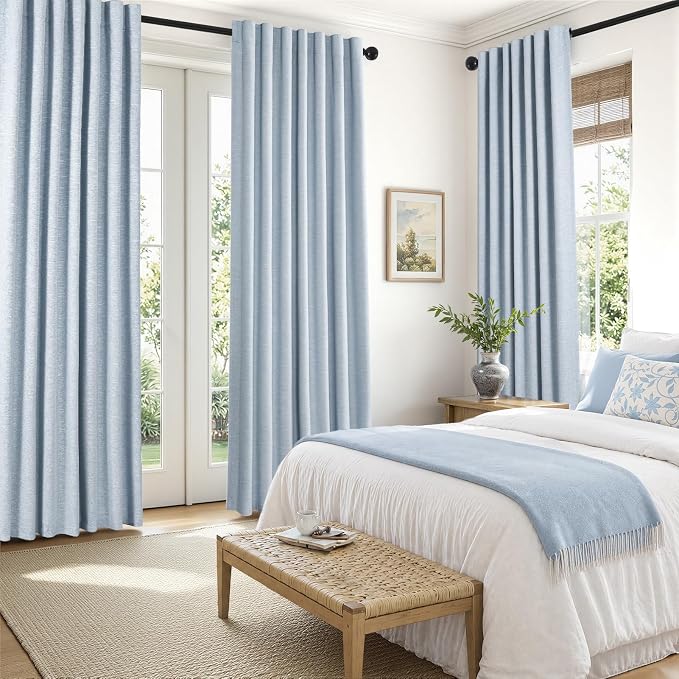 Topfinel Light Blue Linen Blackout Curtains 102 Inches Long for Kids Bedroom 100% Black Out Thick Linened Back Tab Drapes Farmhouse Coastal Sky Blue 102 Inch Curtain for Dining Living Room