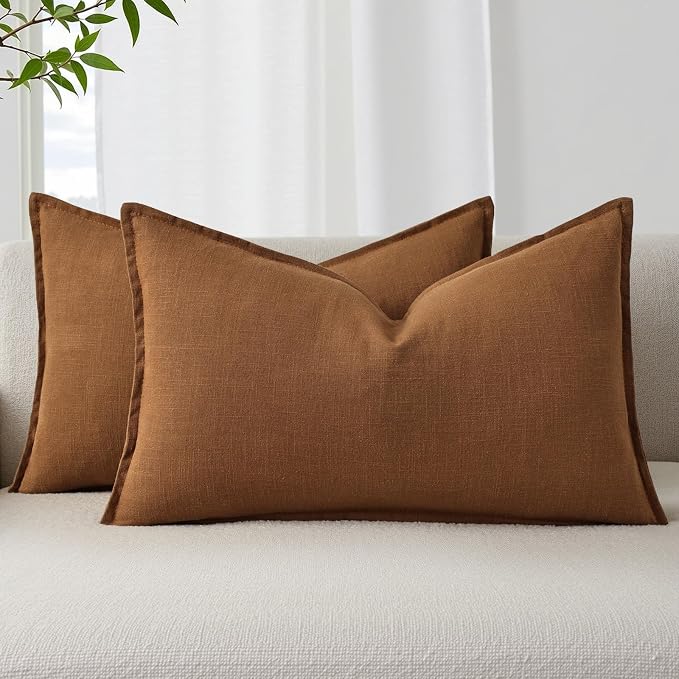 decorUhome Fall Brick Linen Throw Pillow Covers 12x20 Set of 2 | Decorative Soft Cozy Modern Farmhouse Boho Accent Pillow Cases with Flange Edges for Couch Bed Sofa Living Room Home Decor