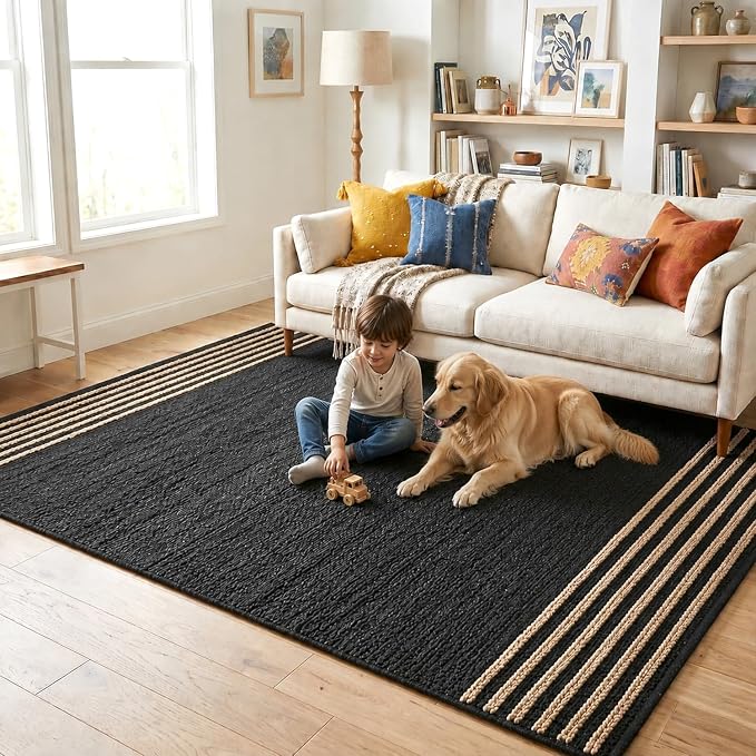 GRUHUM Black Jute Area Rug 9x12 ft - Natural Fiber Black Leather Rectangular Handwoven Boho Farmhouse Soft Braided Eco Friendly Vintage Rugs Indoor Living Room Bedroom Kitchen Hallways 9'x12' Large