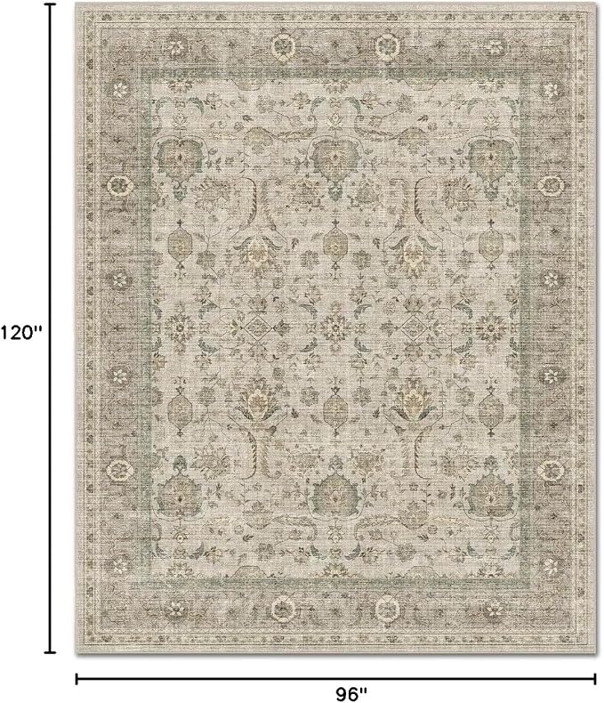 Boho Washable 8x10 Area Rugs for Living Room, Cushioned, Flaxen/Tan | Vintage Non-slip Neutral Oriental Rugs for Bedroom Dining Room Nursery Office High Traffic Area