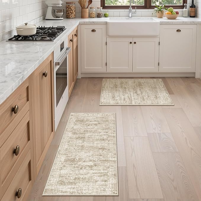 Kitchen Rugs Sets of 2, 2x3 2x4 Rug Runner,Brown | 2 Piece Washable Rug for Hallway,Entryway,Bedroom,Dining Room,Thin,Soft Runner Rug,Stain Resistant Indoor Carpet,Non Slip